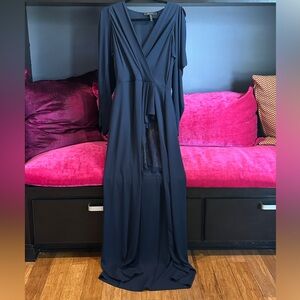 BCBG MAXAZRIA Navy Blue Koko Georgette Draped Sleeve Ruffle Faux Wrap Gown